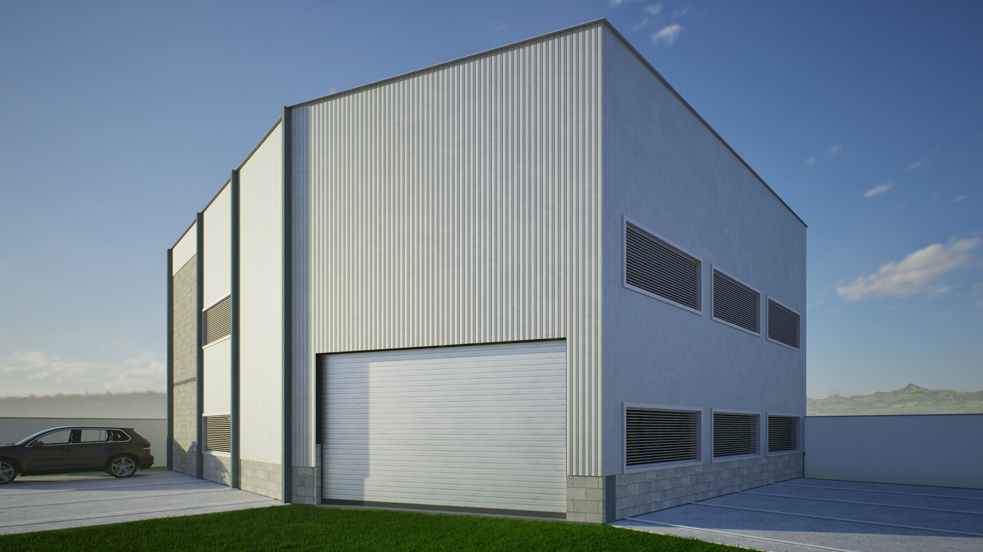 Modern industrial building with large garage door.
